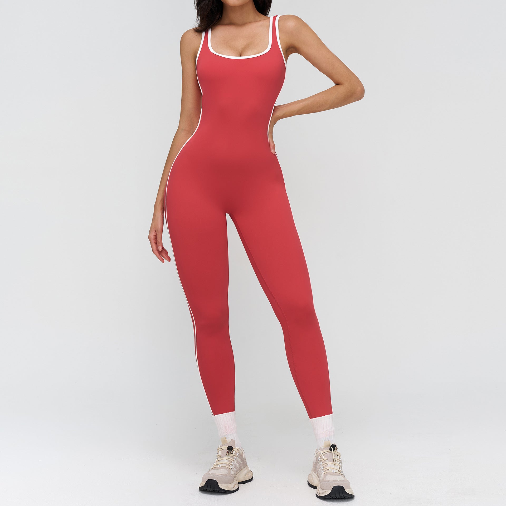 Nude-Feel Yoga Jumpsuit With Contrasting Trim And Generous Boat Neckline Fitness Wear