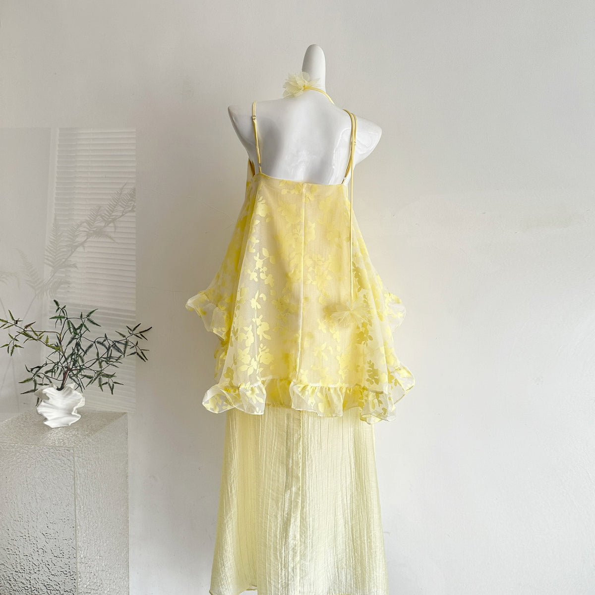 Ruffled Faux Two-piece Flared Strap Dress