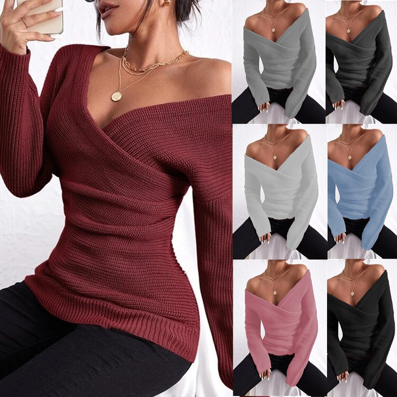 Crew-neck Off-shoulder Casual Cross-over Fitted Knit Sweater