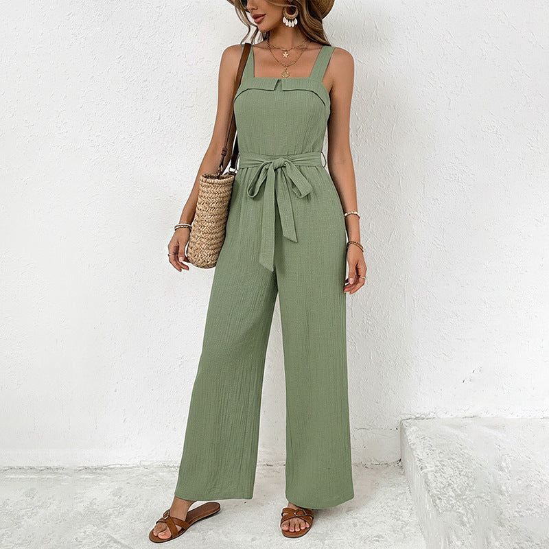 Solid-color Casual Sleeveless Strap Jumpsuit