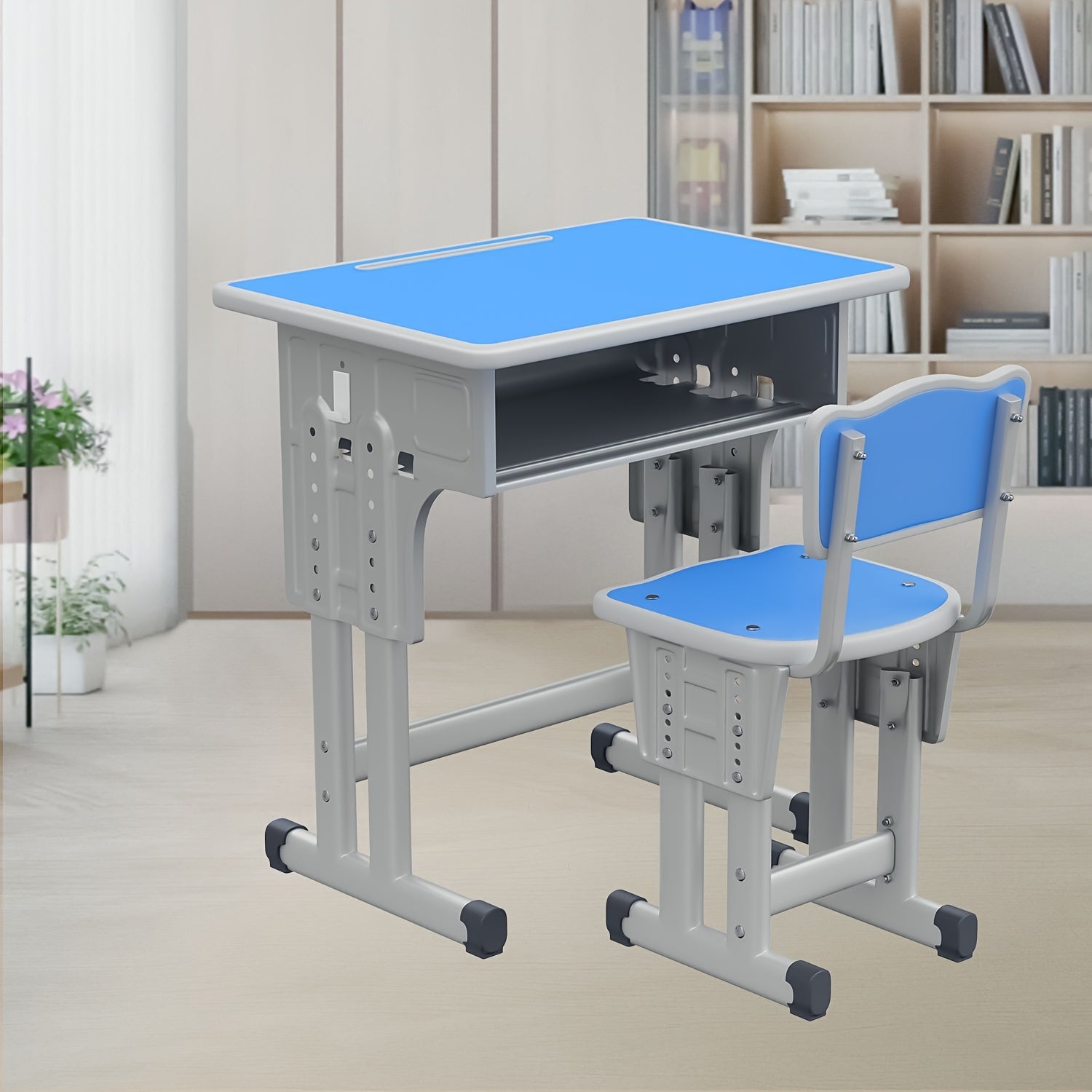 Adjustable Height Metal Desk and Chair Set for Children – Includes Utility Drawer