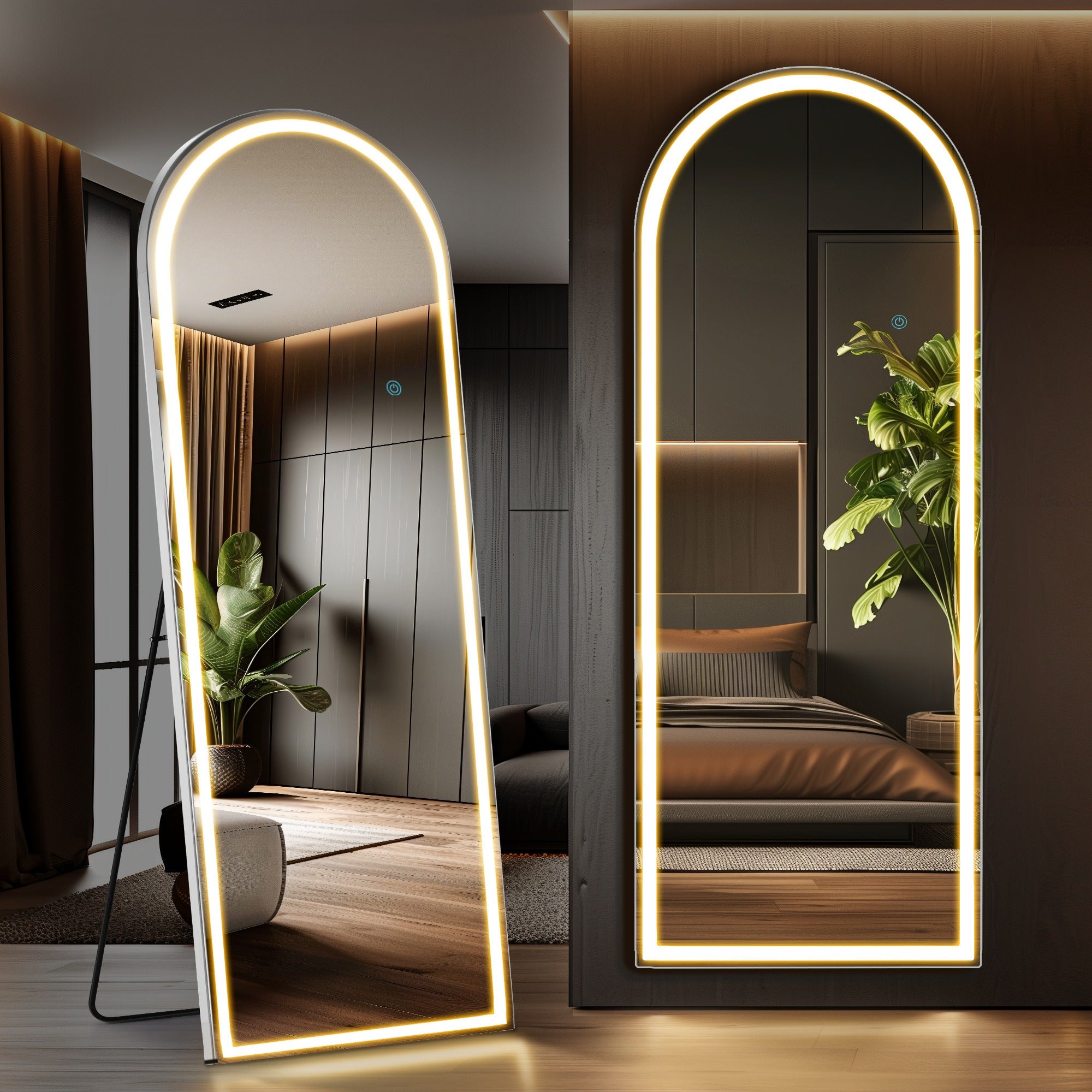 MCQ Arched/Rectangular LED Full Length Mirror, Full Body Floor Mirror Standing Hanging or Leaning Wall, Arch Wall Mirror with Stand Aluminum Alloy Thin Frame for Bedroom, Bathroom, Store