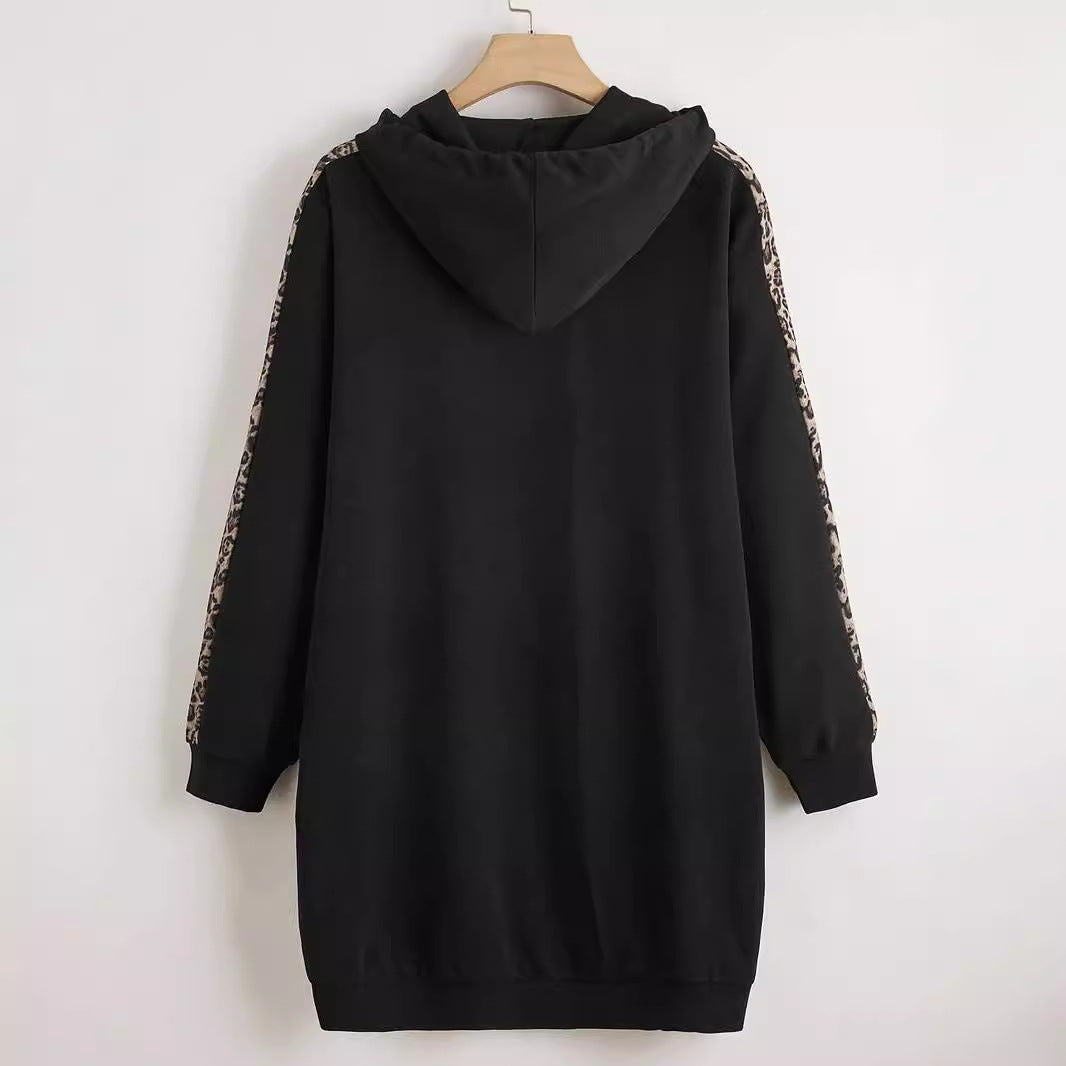 Plus Size Leopard Print Drawstring Hoodie