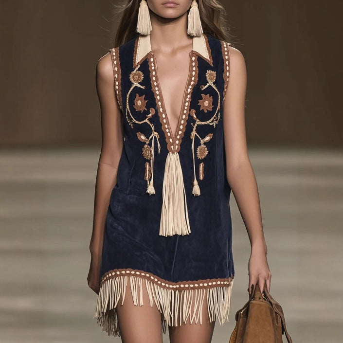 Casual Relaxed-fit Vintage Suede Fringed Sleeveless Dress