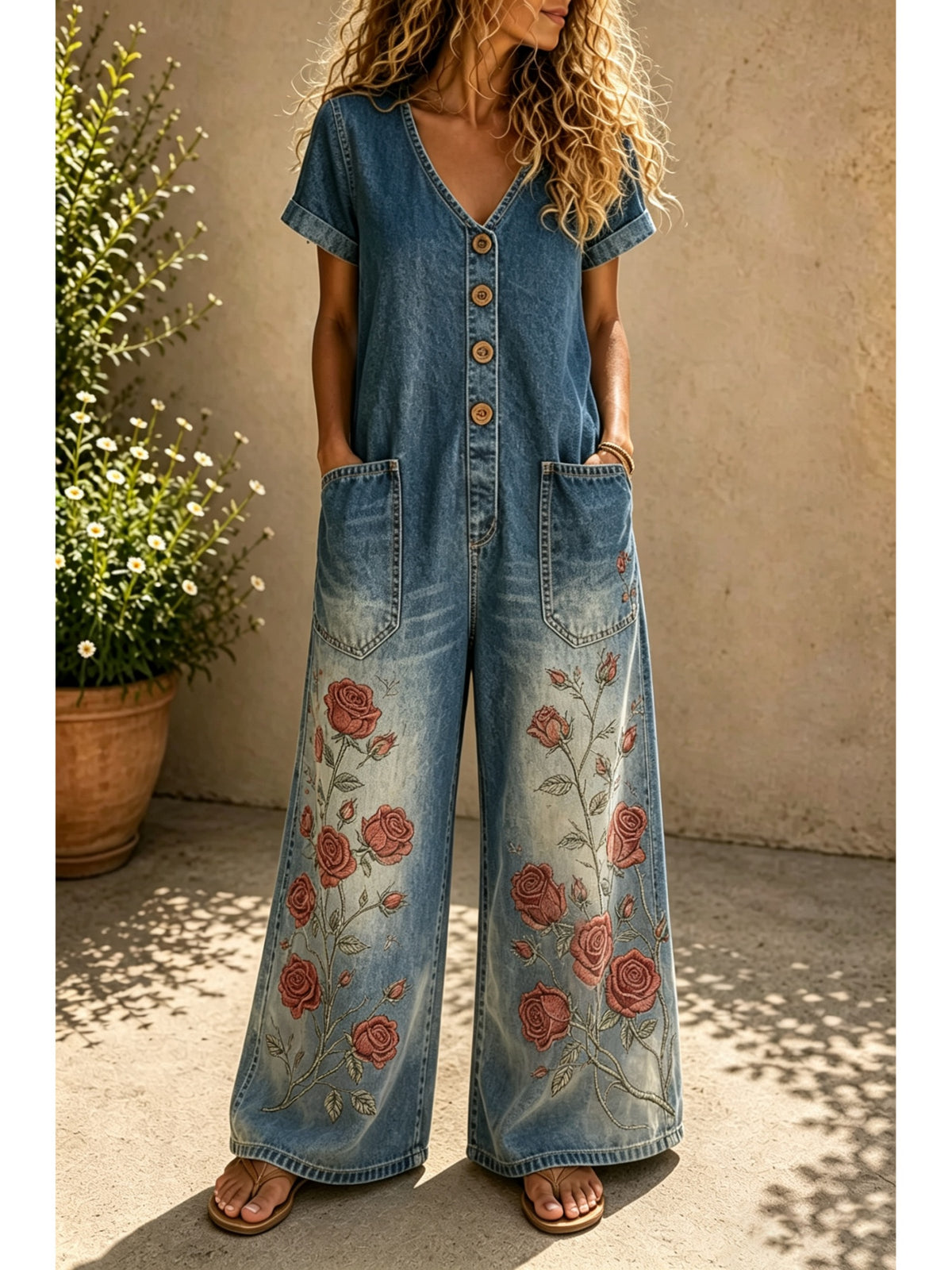 Casual Denim Wide-Leg Short Sleeve Jumpsuit with Pockets