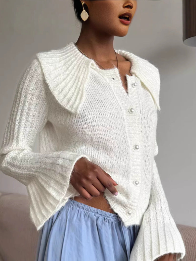 Womens Short Knitted Cardigan with Lapel Collar and Flared Sleeves
