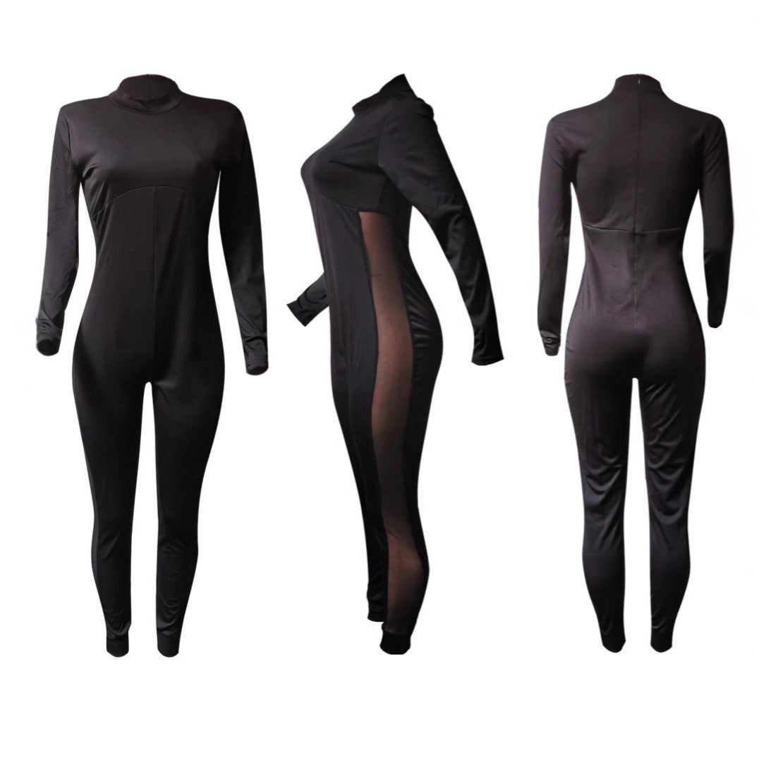 Sexy Mesh-Panel Long-Sleeve Jumpsuit for Women