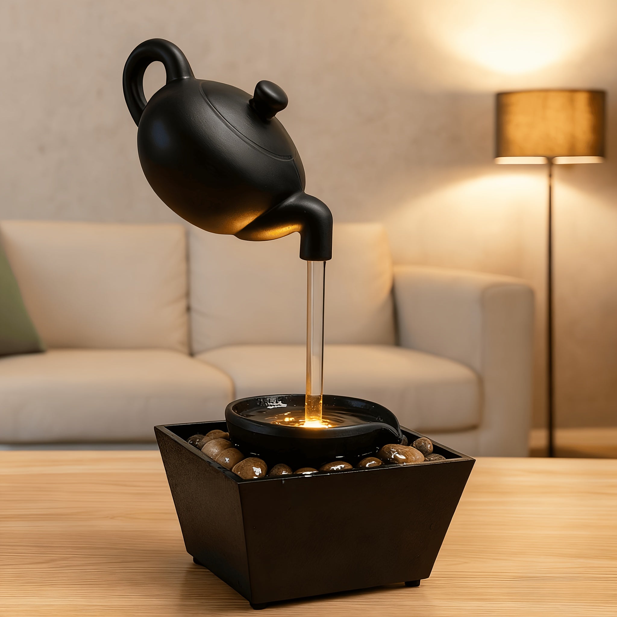Zen water fountain lamp with soothing LED glow and pebble bed