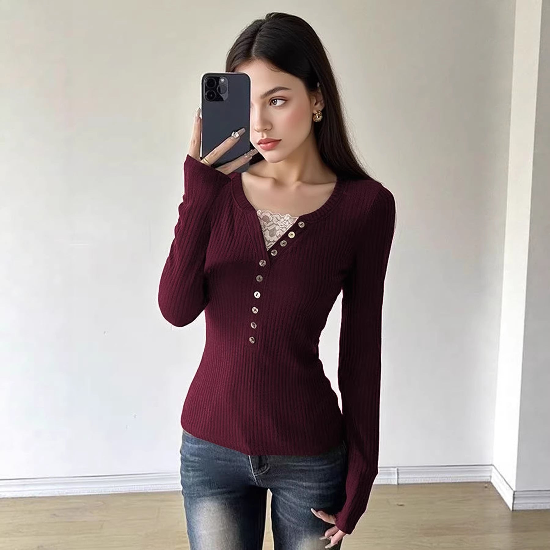 Slim-Fit Lace-Trim White Top – Sexy Long Sleeve Blouse
