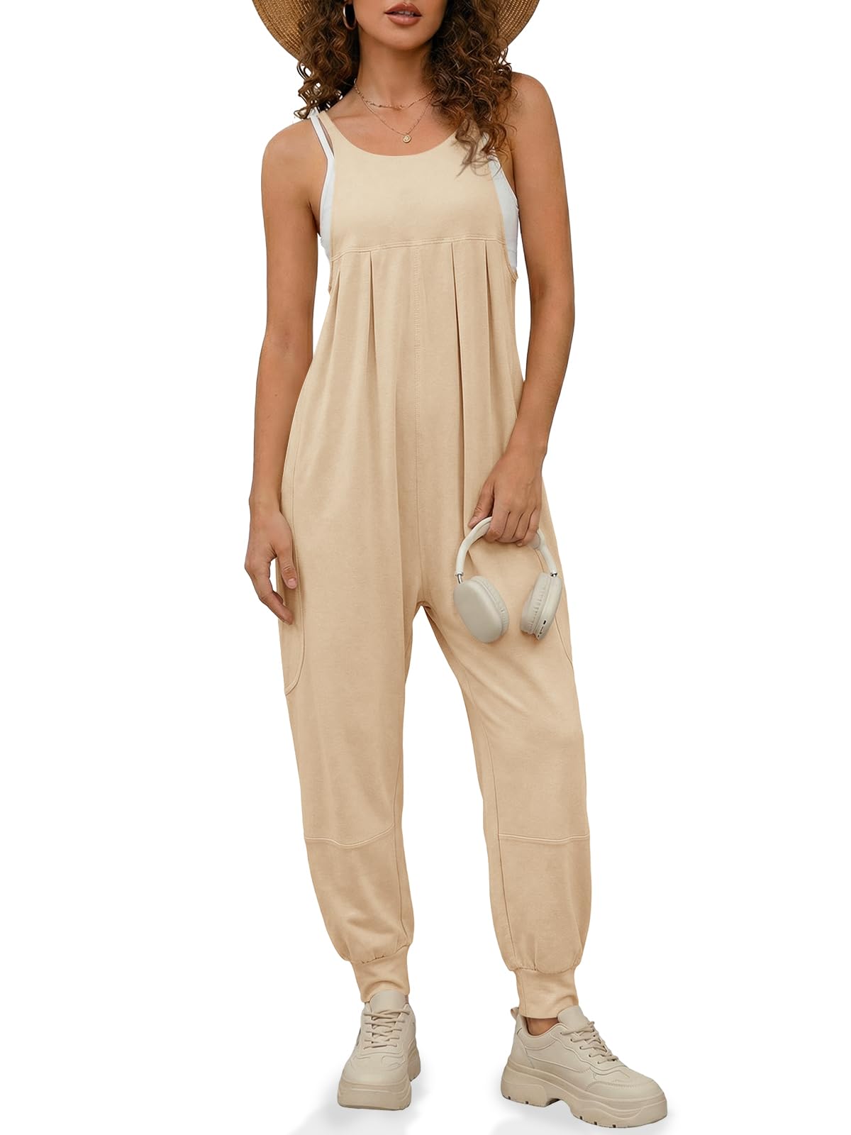 Fisoew Jumpsuits For Women Summer Casual Overalls Spaghetti Strap Sleeveless Pleated Rompers Jumpers With Pockets