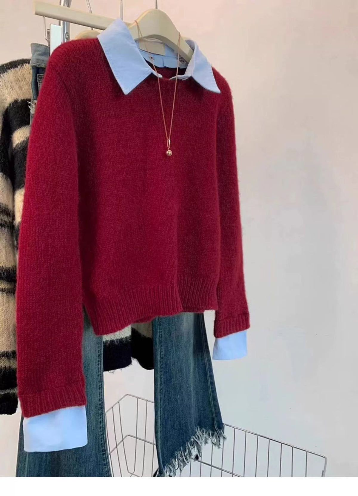 New Autumn Winter Womens Patchwork Faux Two-piece Sweater
