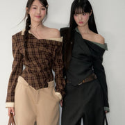 Plaid Off-the-Shoulder Fake Two-Piece Long-Sleeve Shirt For Women