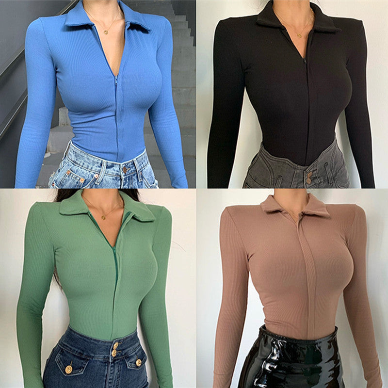 Hot Girl Women's Irregular Skinny V-neck Long Sleeve Jumpsuit Underwear Bottoming Shirt