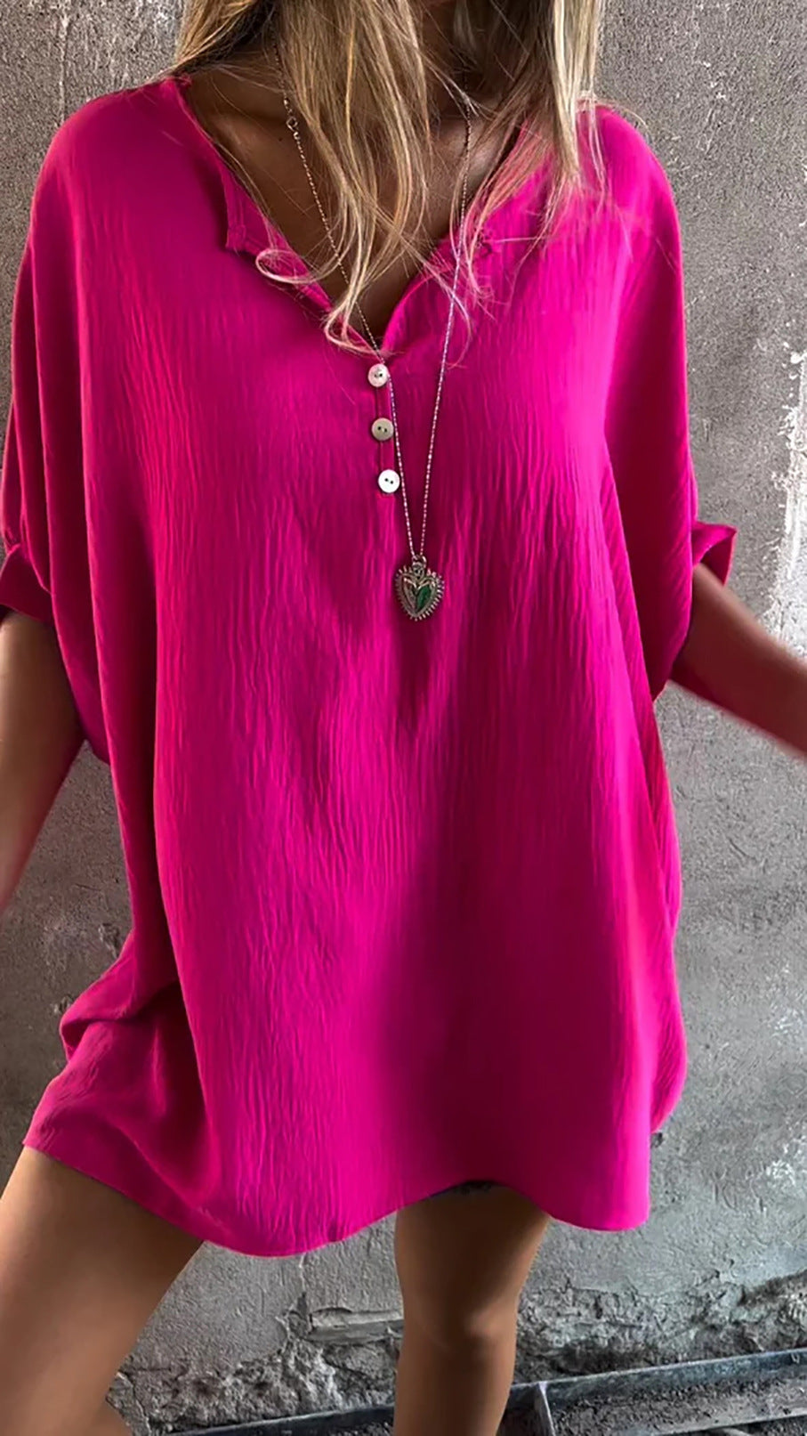 Casual Solid Color Collarless Button-Up Shirt