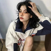 Women's Vintage Zip Polo Sweatshirt - Retro Loose Pullover