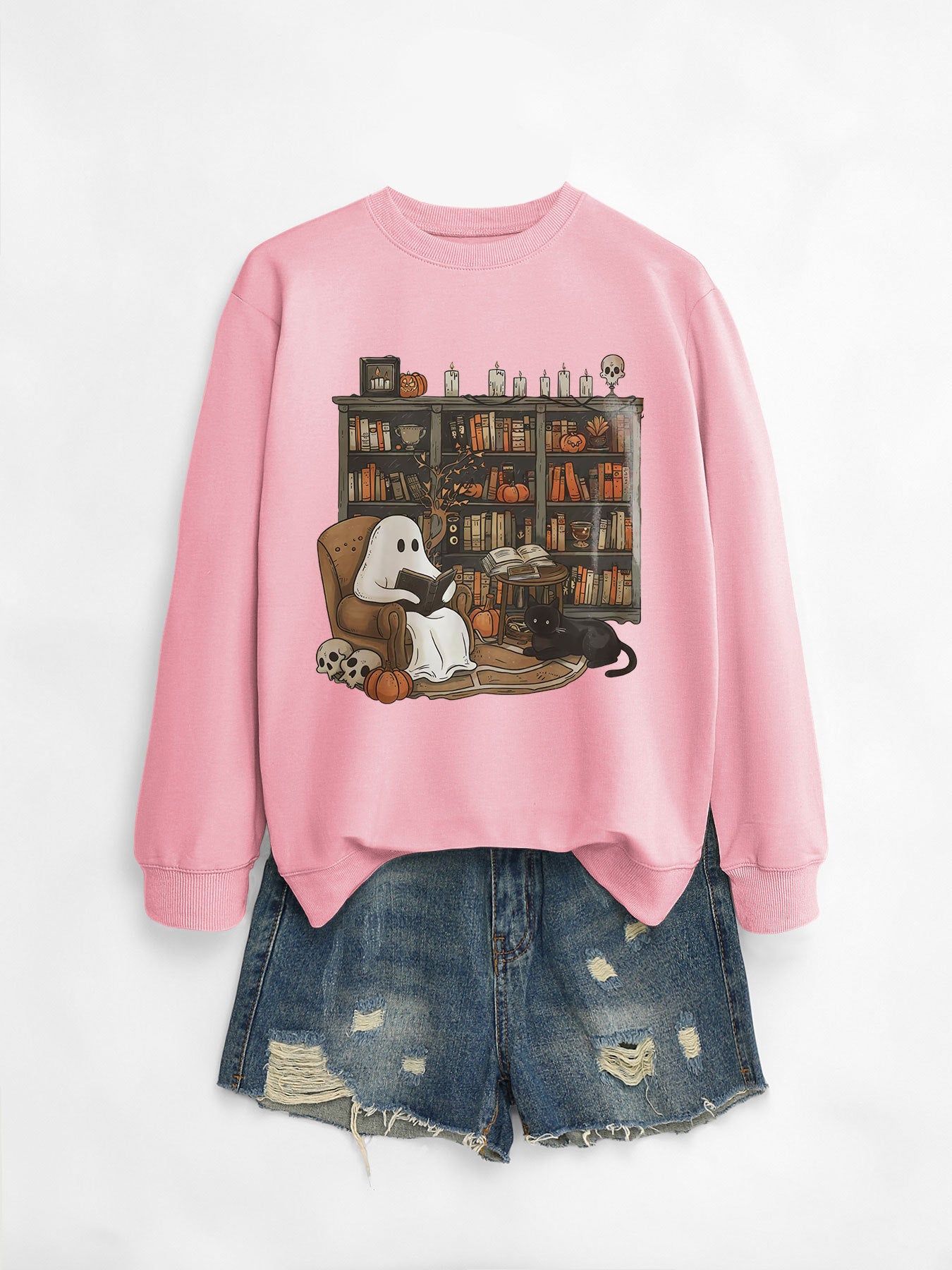 Cozy Black Cat Bookshelf Halloween Sweatshirt