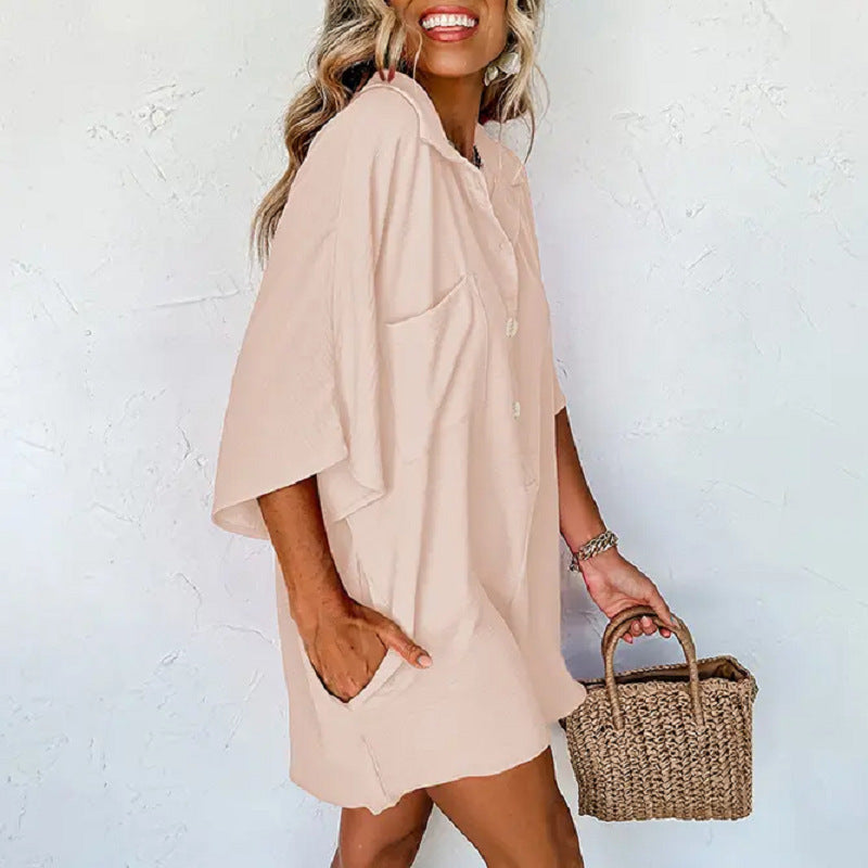 Summer Half-Sleeve Button-Up Wide-Leg Jumpsuit
