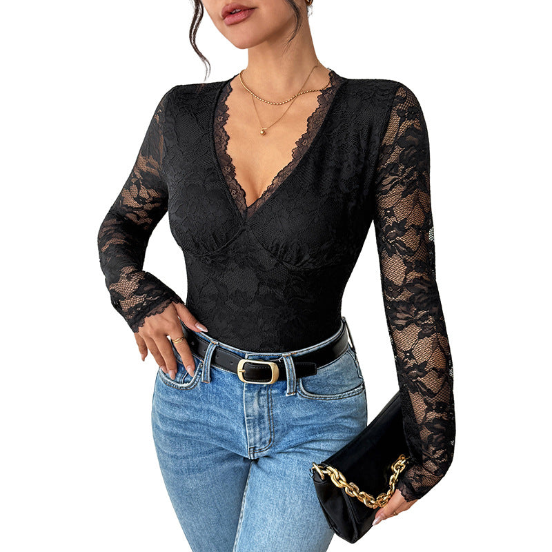 Seductive Black Lace V-Neck Bodysuit with Hollow Back