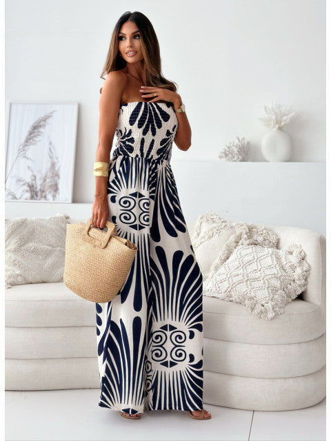 Off-Shoulder Smocked Wide-Leg Jumpsuit
