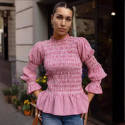 Plaid Pleated Slim-Fit Long-Sleeve Top