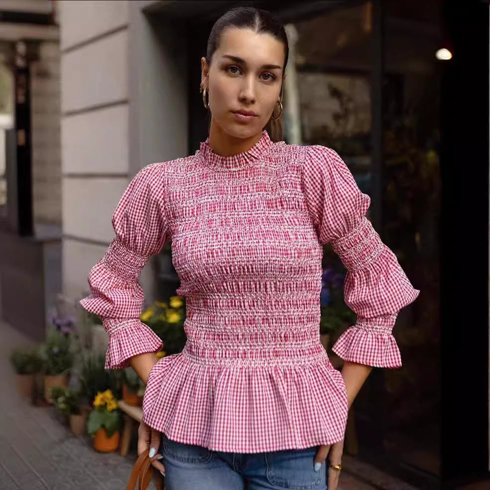 Plaid Pleated Slim-Fit Long-Sleeve Top