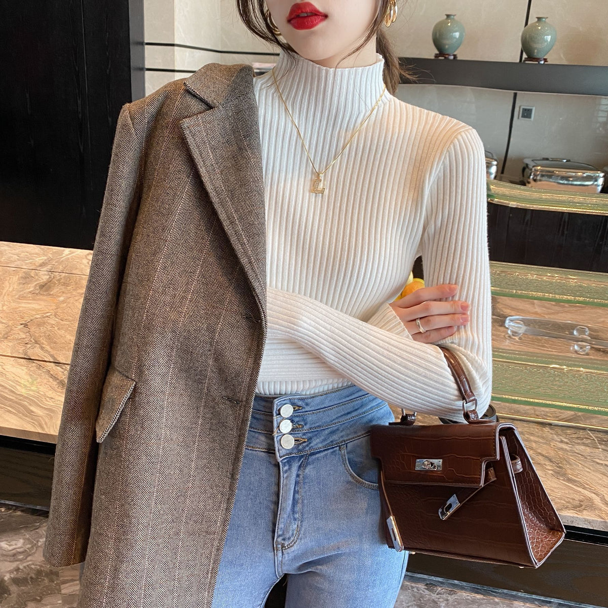Half Turtleneck Knitted Sweater Women's Bottoming Shirt Women's Autumn and Winter