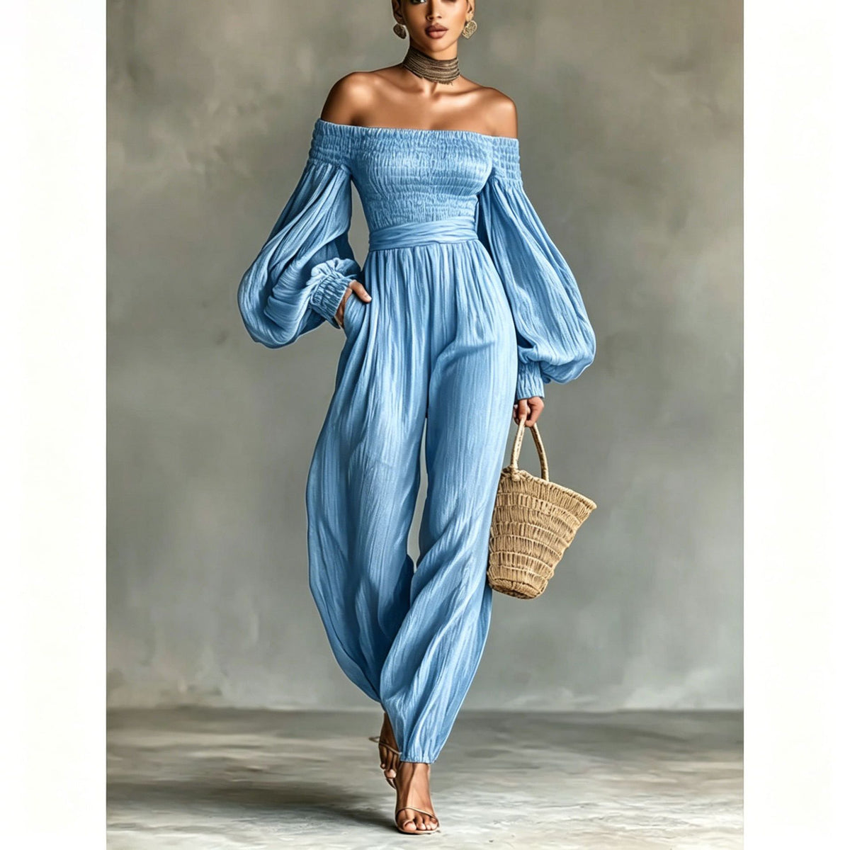 Elegant Off-Shoulder Pleated Long-Sleeve Jumpsuit