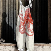 Women's Vintage Print Flared Suspender Pants