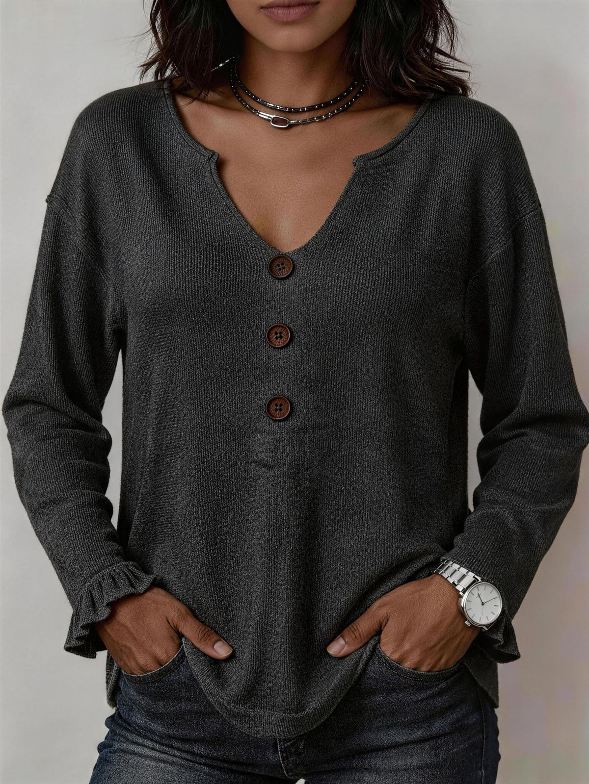 Knitted Sweater with Lotus-leaf Ruffle Cuffs and Buttons