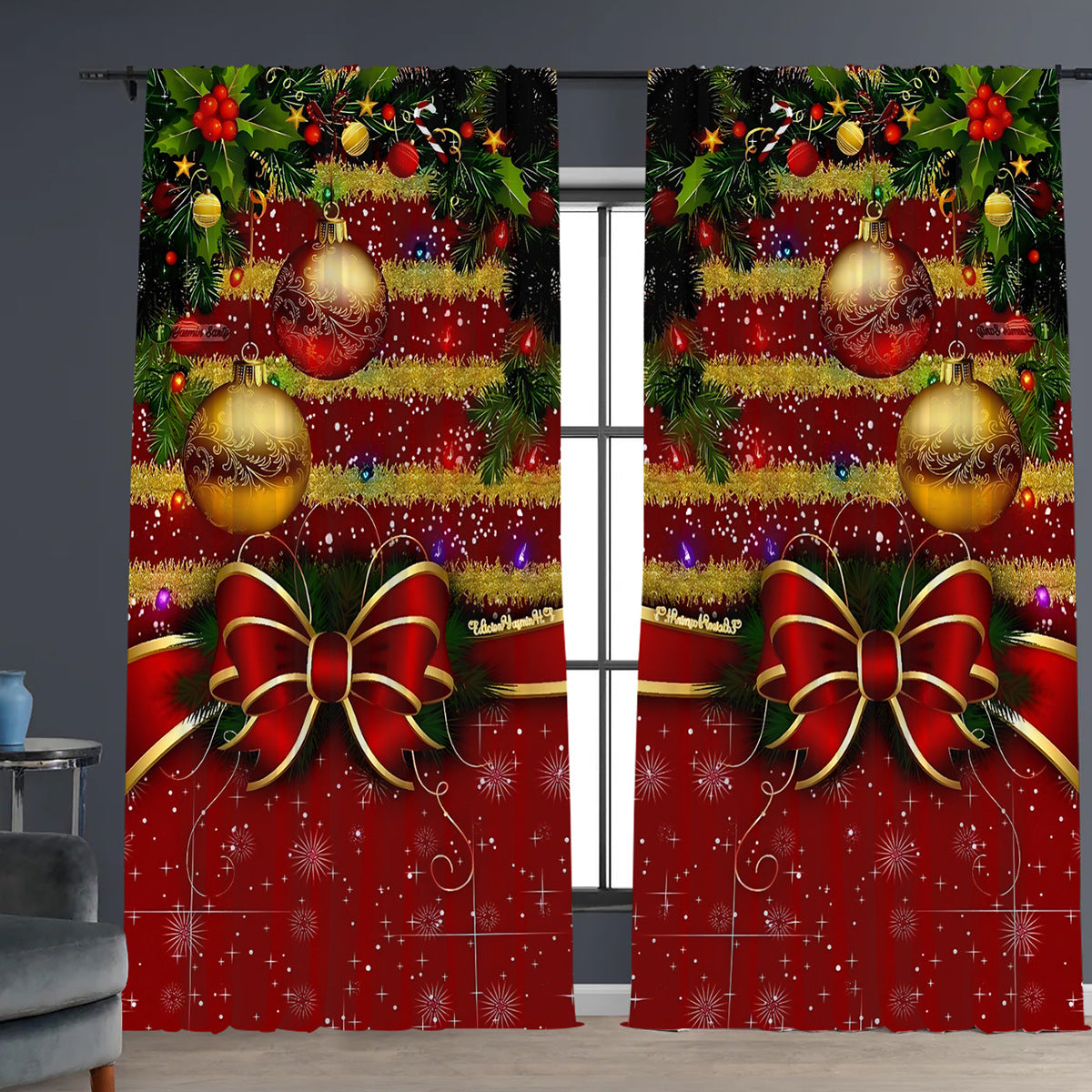 2pcs Christmas Curtain 3d Digital Printing Flower Type