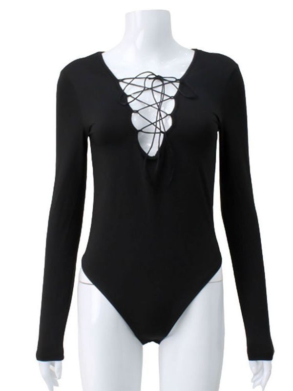 Sexy Low-Cut Hollow-Out Tie-Up Long Sleeve Jumpsuit