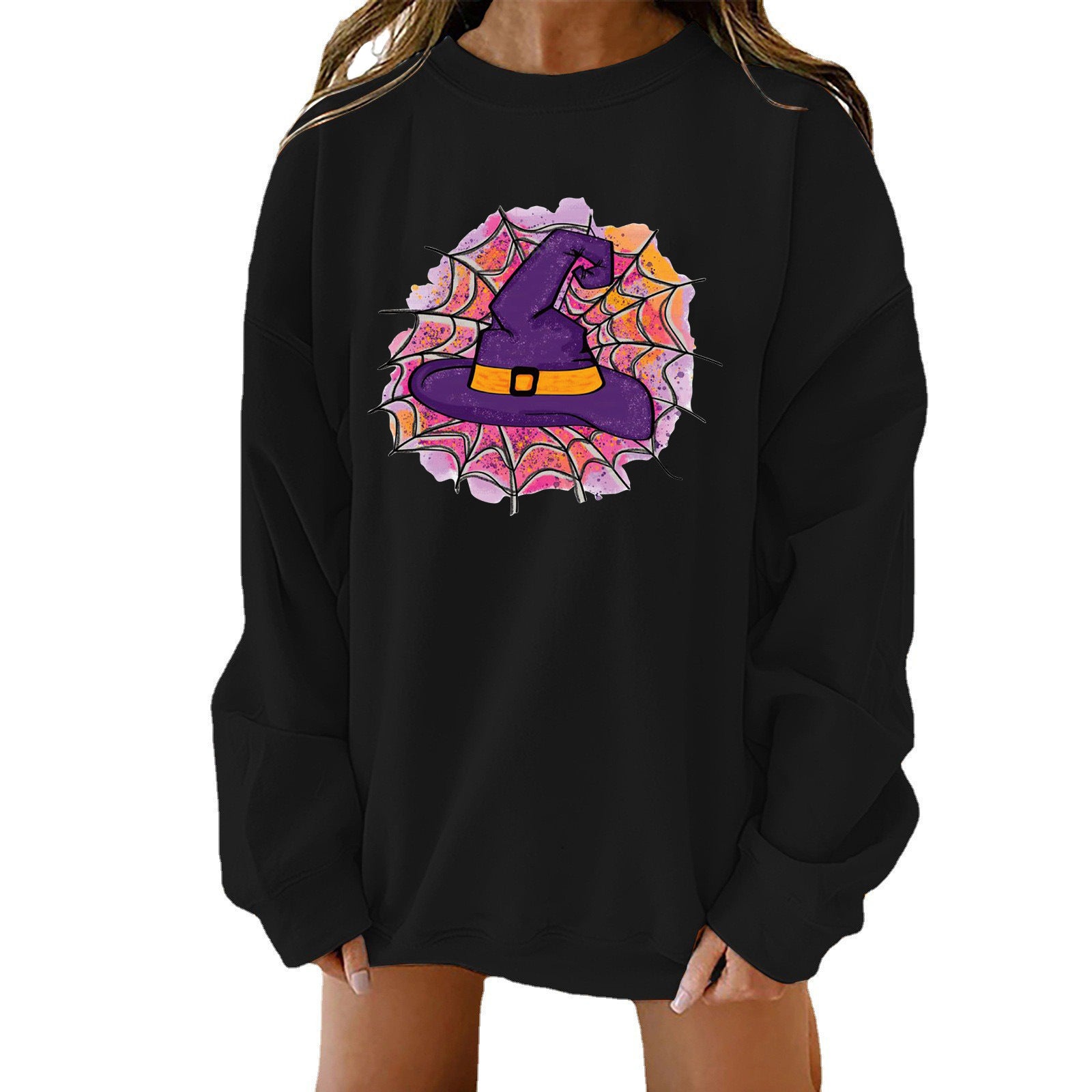 Spooky Chic Halloween Print Loose Crewneck Sweatshirt