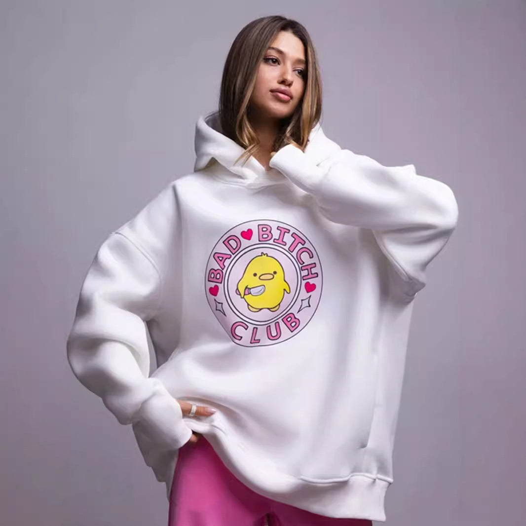 Cute Yellow Duck Print Oversized Cotton Hoodie