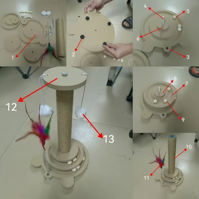 Interactive Cat Scratching Post Tower With Jute, Ball Track - Durable And Multifunctional Self-entertainment Cat Scratching Post, No Batteries Required, Cat Toy, Yellow Jute, Artificial Feather