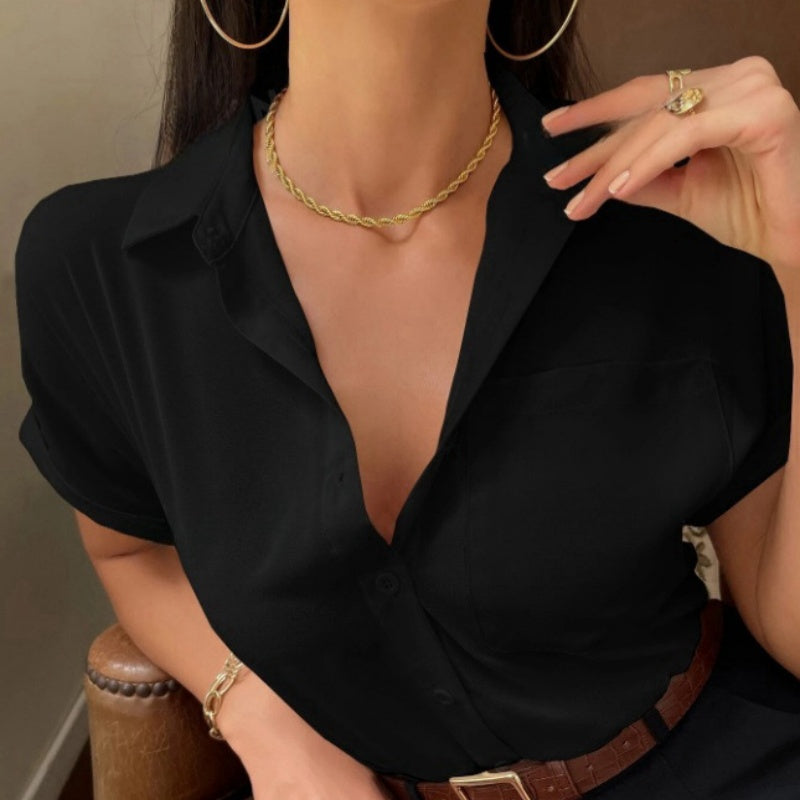 Satin V-neck Shirt Womens Solid-color Satin Short-sleeve New Style