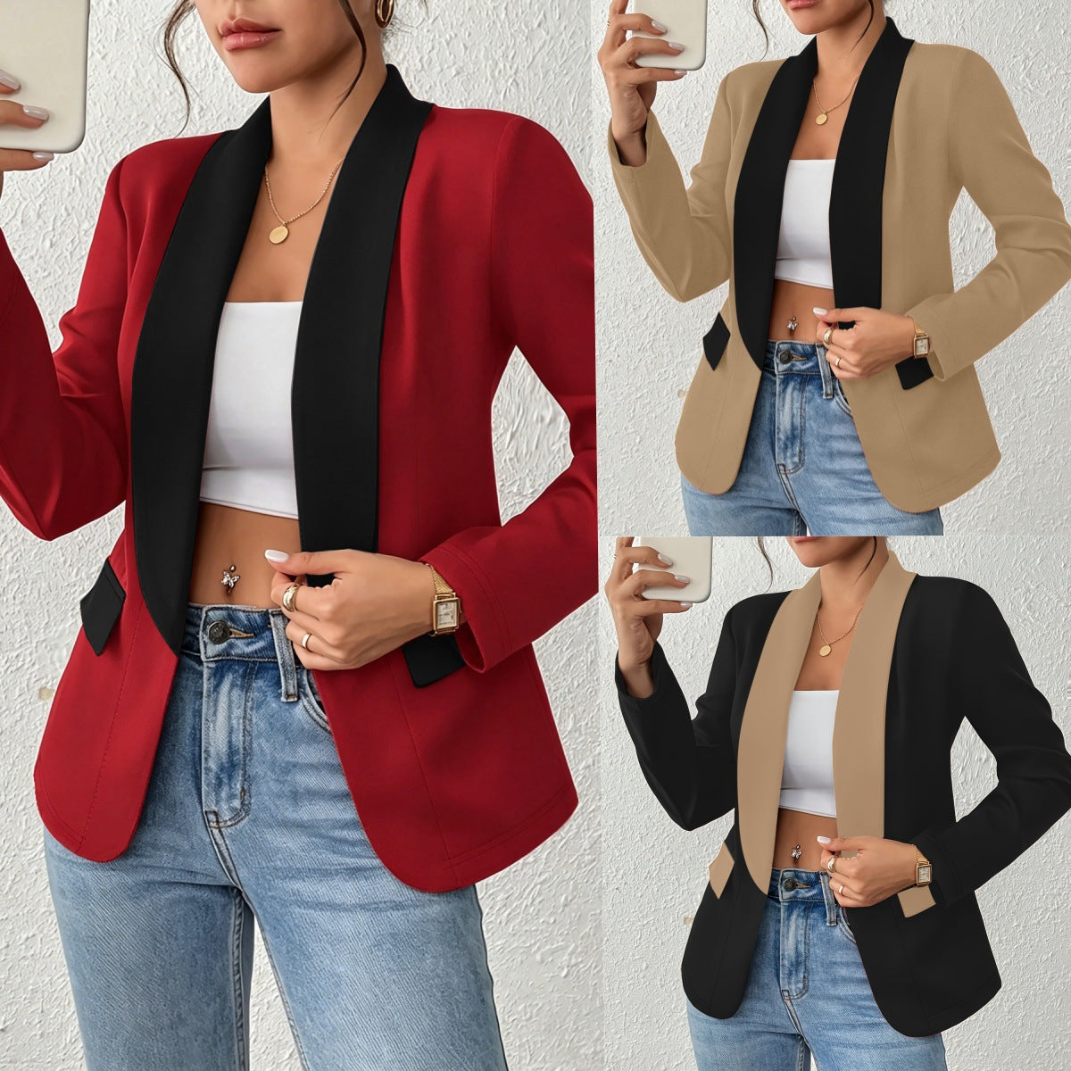 Color-block Lapel Blazer Women's Coat - Stylish Long-Sleeve Outerwear