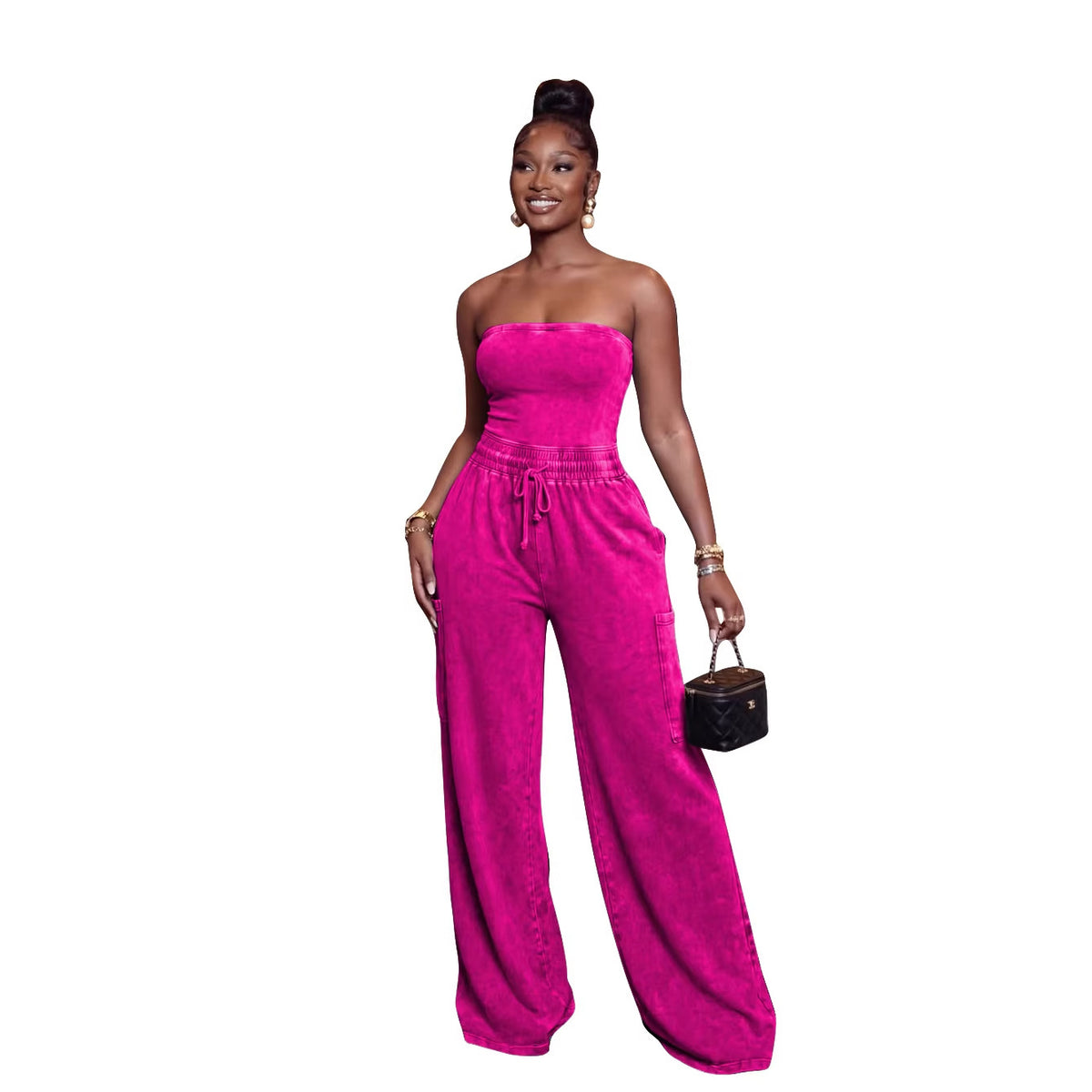 Womens Casual Washed Strapless Wide-Leg Jumpsuit