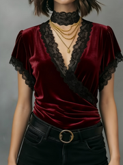 Lace-Trim V-Neck Long-Sleeve Slim Shirt – Chic, Flattering Fit