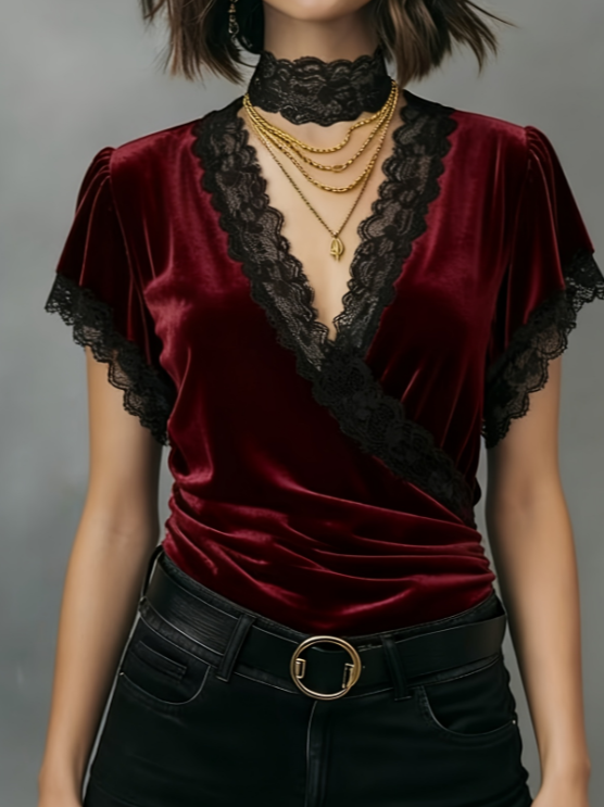 Lace-Trim V-Neck Long-Sleeve Slim Shirt – Chic, Flattering Fit