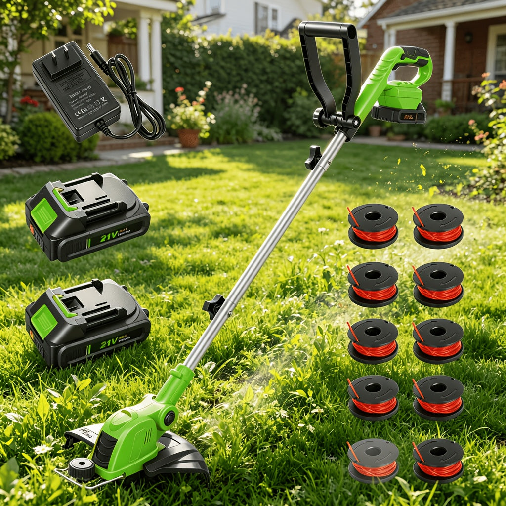 12-Inch Yellow Cordless String Trimmer Grass Trimmer 90 Degree Rotatable Head Auto Line Feed System Includes 10 Replacement Spools with Auto Line Feed for Lawn 2 X 2.0/4.0Ah Battery