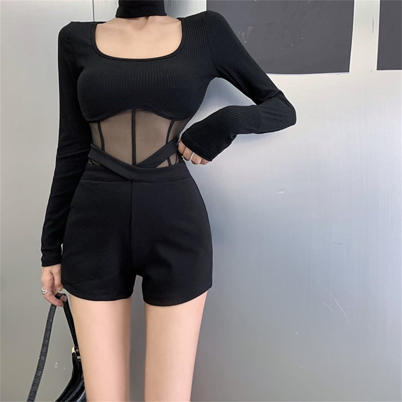 Mesh Slim Fit Sexy Hot Girl Fishbone Bottoming Shirt One-piece Scarf Detachable