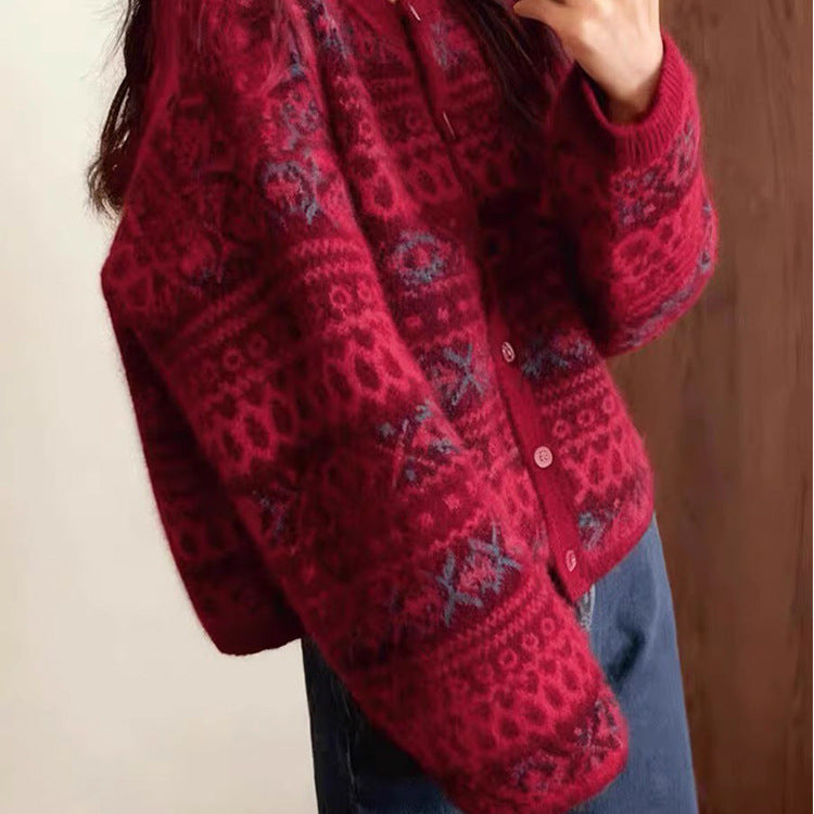 New Year & Christmas Red Jacquard Sweater for Women Fallwinter Style