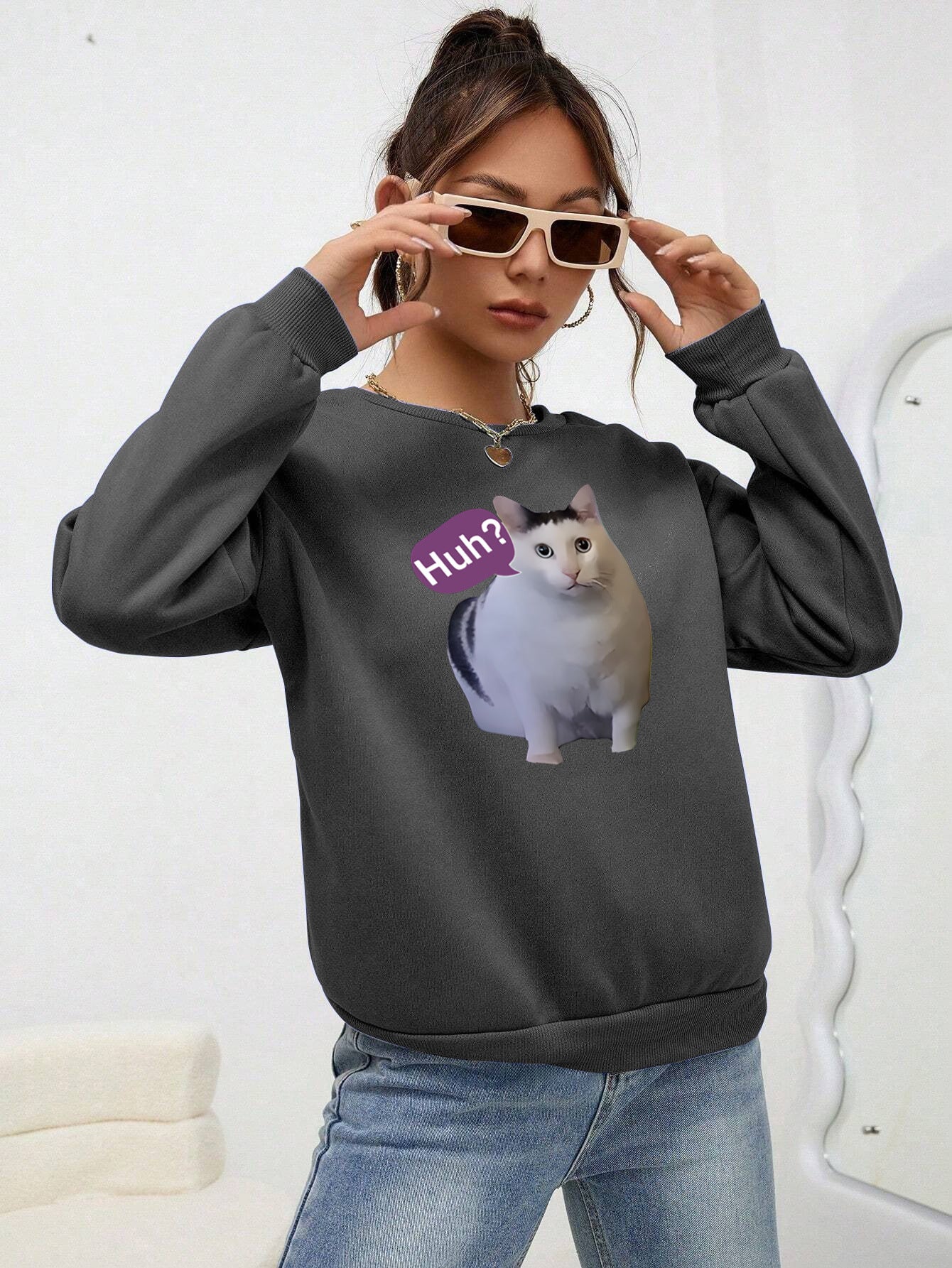 Cute Cat Print Women's Casual Pullover Sweater