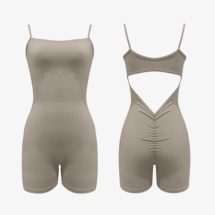 Thin Shoulder Vest Shorts Jumpsuit Back Hollow V Waist Pleated Yoga Jumpsuit