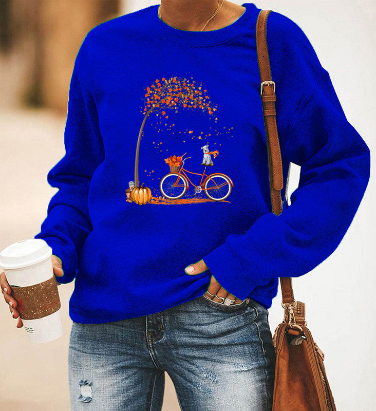 Women's Bicycle Print Fleece Long Sleeve Crew Neck Sweater