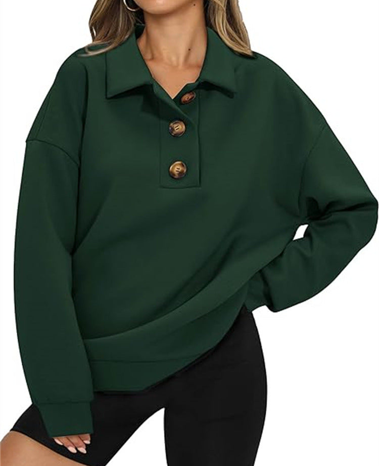 Cozy Solid Color Polo Collar Loose Long Sleeve Sweatshirt