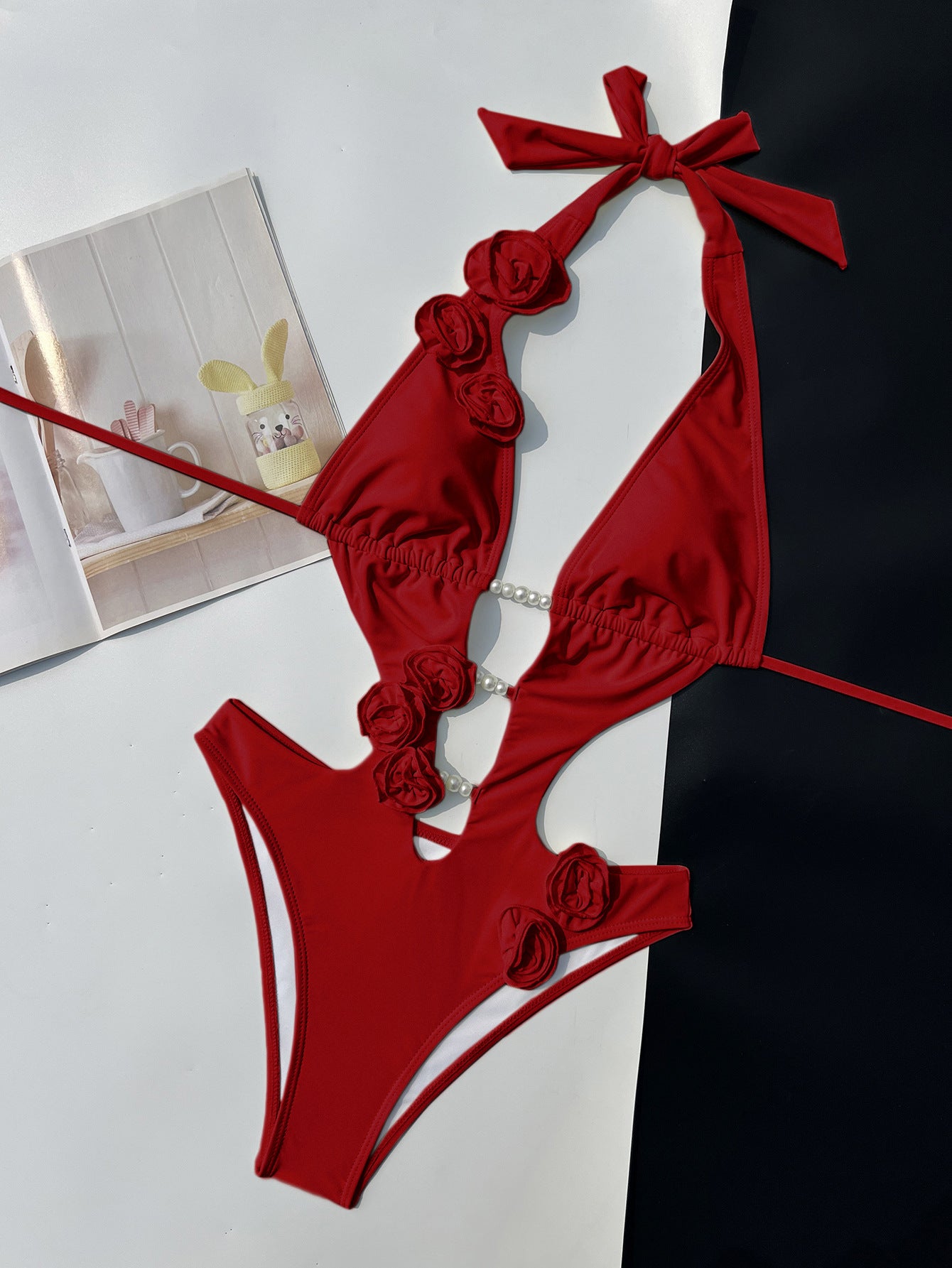 Womens Solid-color Three-dimensional Floral Pearl One-piece Swimsuit