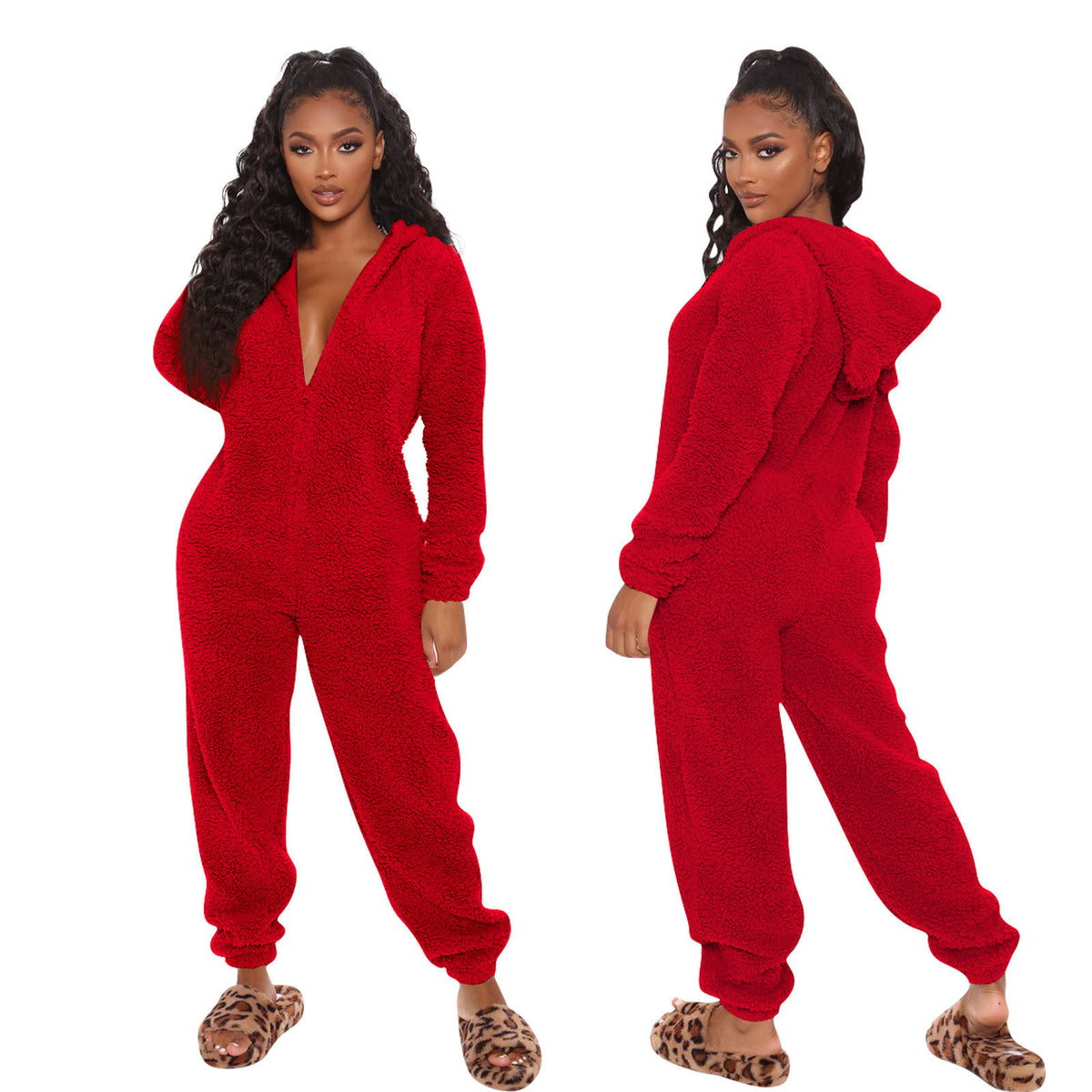 Cozy Plush Hooded Long Sleeve Jumpsuit Pajamas
