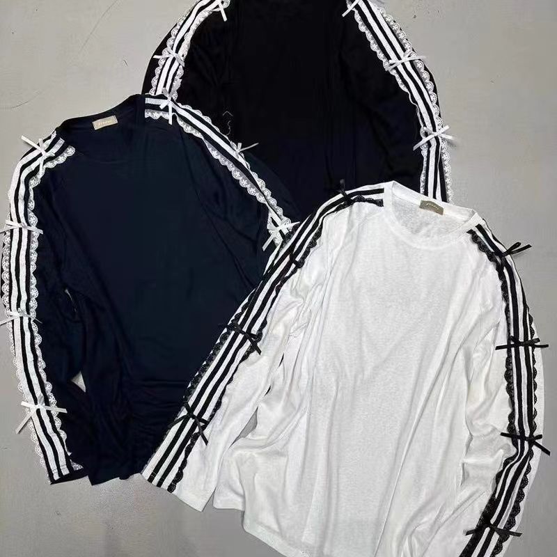 Chic Lace-Trim Bow Long Sleeve Top