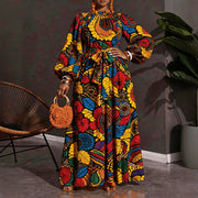 Printed A-line Maxi Dress with Puff Sleeves and a Fitted Waist